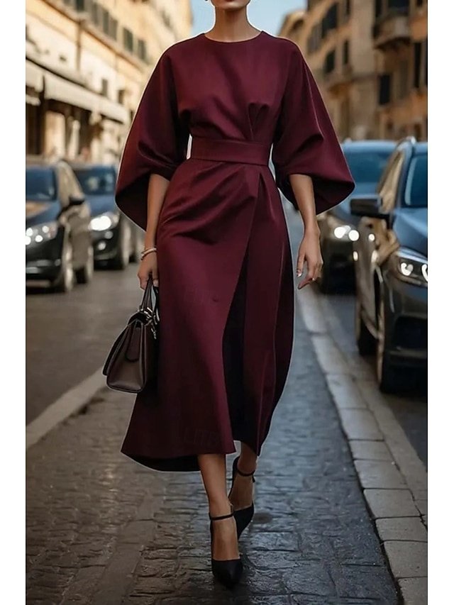 Elegant Regular Fit Solid Crew Neck Batwing 3/4 Sleeve Maxi Dress - Image 2