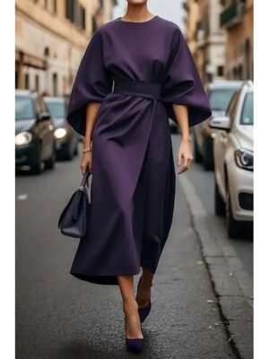 Elegant Regular Fit Solid Crew Neck Batwing 3/4 Sleeve Maxi Dress - Image 3