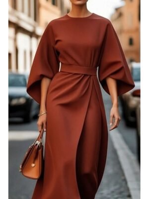 Elegant Regular Fit Solid Crew Neck Batwing 3/4 Sleeve Maxi Dress - Image 4