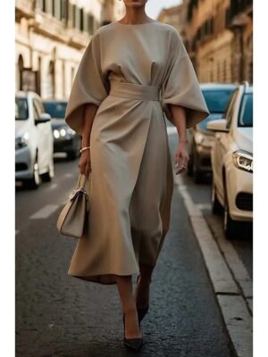 Elegant Regular Fit Solid Crew Neck Batwing 3/4 Sleeve Maxi Dress - Image 5
