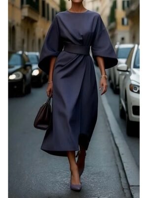Elegant Regular Fit Solid Crew Neck Batwing 3/4 Sleeve Maxi Dress - Image 7