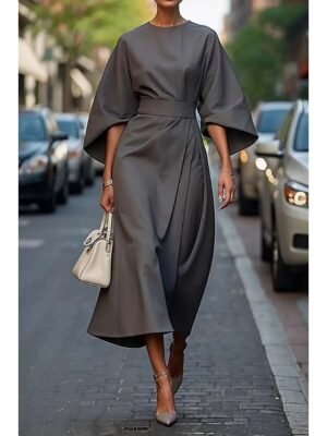 Elegant Regular Fit Solid Crew Neck Batwing 3/4 Sleeve Maxi Dress - Image 8