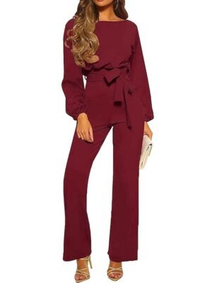Elegant Regular Fit Solid Crew Neck Long Sleeve Jumpsuit - Image 5