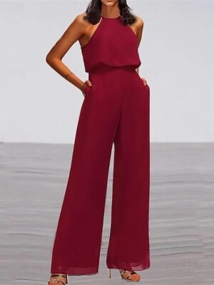 Elegant Regular Fit Solid Crew Neck Sleeveless High Waist Jumpsuit - Image 1