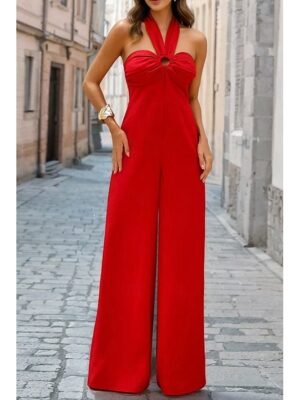 Elegant Regular Fit Solid Halter Neck Sleeveless Party Jumpsuit - Image 1