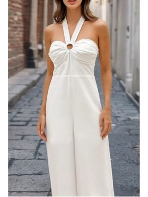 Elegant Regular Fit Solid Halter Neck Sleeveless Party Jumpsuit - Image 11