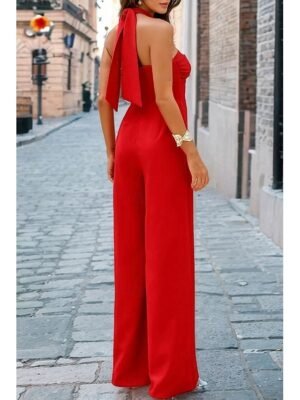 Elegant Regular Fit Solid Halter Neck Sleeveless Party Jumpsuit - Image 2