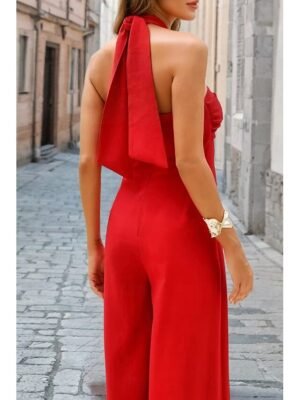 Elegant Regular Fit Solid Halter Neck Sleeveless Party Jumpsuit - Image 3