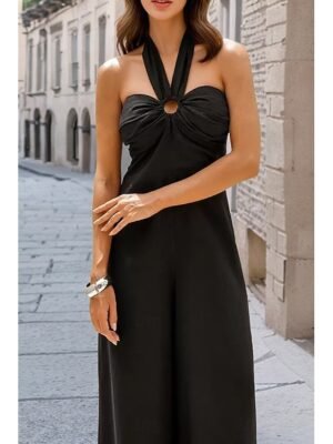 Elegant Regular Fit Solid Halter Neck Sleeveless Party Jumpsuit - Image 7