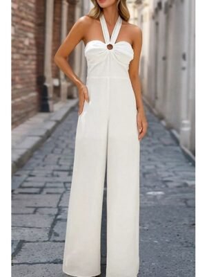 Elegant Regular Fit Solid Halter Neck Sleeveless Party Jumpsuit - Image 8