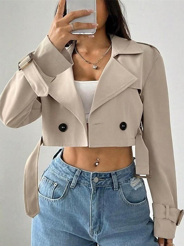 Elegant Regular Fit Solid Lapel Long Sleeve Short Trench Coat - Image 1