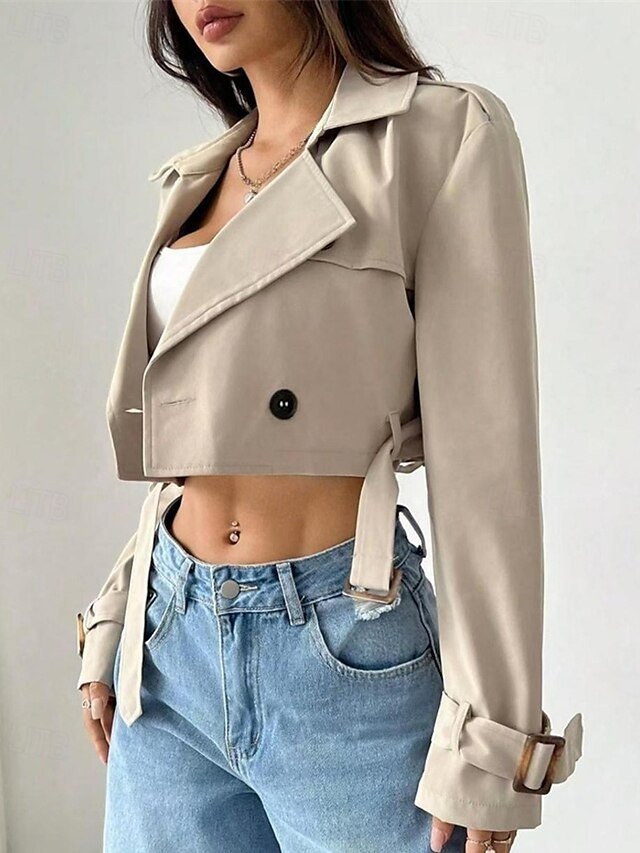 Elegant Regular Fit Solid Lapel Long Sleeve Short Trench Coat - Image 2