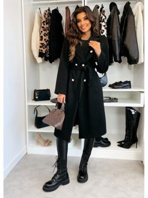 Elegant Regular Fit Solid Lapel Long Sleeve Double Breasted Coat - Image 3