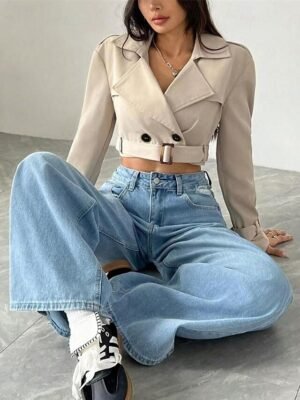 Elegant Regular Fit Solid Lapel Long Sleeve Short Trench Coat - Image 3