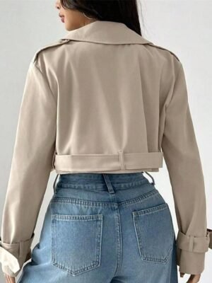 Elegant Regular Fit Solid Lapel Long Sleeve Short Trench Coat - Image 4