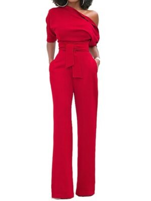 Elegant Regular Fit Solid One Shoulder Half Sleeve Jumpsuit - Image 2