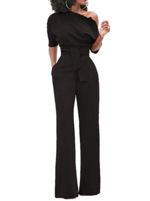 Elegant Regular Fit Solid One Shoulder Half Sleeve Jumpsuit - Image 4