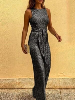 Elegant Regular Fit Solid Sequin High Waist Full Length Romper - Image 3