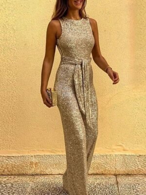 Elegant Regular Fit Solid Sequin High Waist Full Length Romper - Image 4