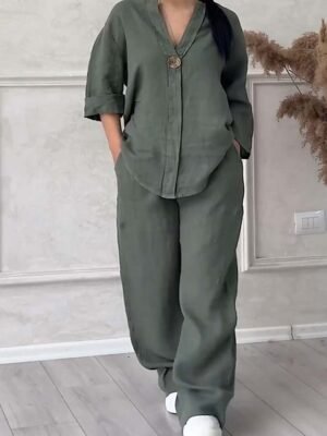 Elegant Regular Fit Solid Shirt Collar Short Sleeve Summer 2 Pieces Set - Image 3