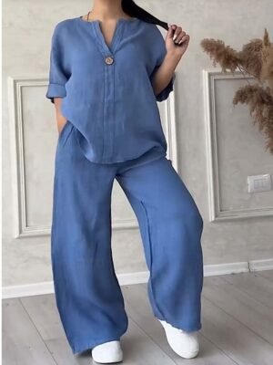 Elegant Regular Fit Solid Shirt Collar Short Sleeve Summer 2 Pieces Set - Image 4