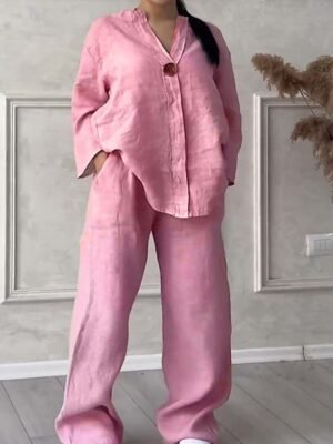 Elegant Regular Fit Solid Shirt Collar Short Sleeve Summer 2 Pieces Set - Image 6
