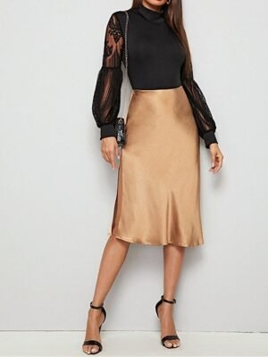 Elegant Regular Fit Solid Stand Collar Long Lantern Sleeve Bodysuit - Image 5