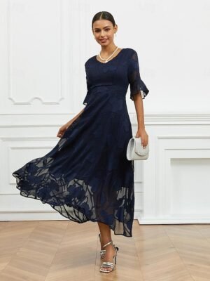 Elegant Regular Fit Solid V Neck Flutter Sleeve Maxi Dress - Image 1