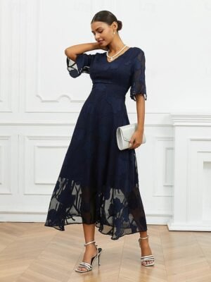 Elegant Regular Fit Solid V Neck Flutter Sleeve Maxi Dress - Image 13