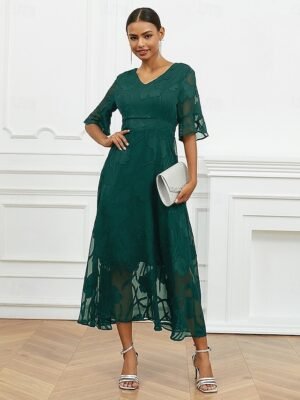 Elegant Regular Fit Solid V Neck Flutter Sleeve Maxi Dress - Image 17