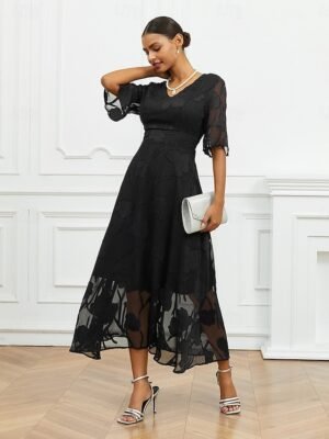 Elegant Regular Fit Solid V Neck Flutter Sleeve Maxi Dress - Image 24