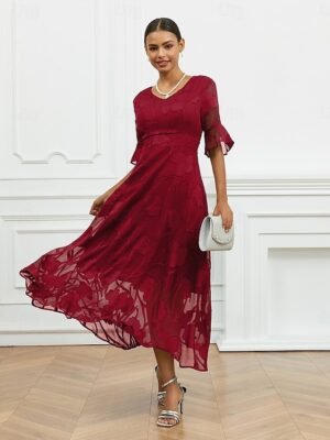 Elegant Regular Fit Solid V Neck Flutter Sleeve Maxi Dress - Image 28