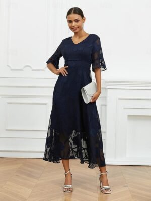 Elegant Regular Fit Solid V Neck Flutter Sleeve Maxi Dress - Image 3