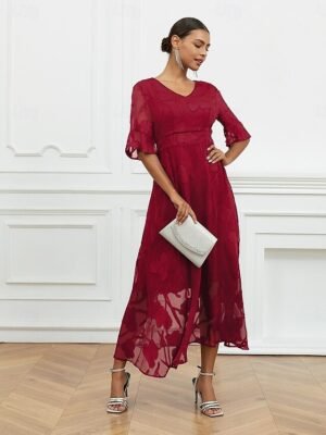 Elegant Regular Fit Solid V Neck Flutter Sleeve Maxi Dress - Image 30