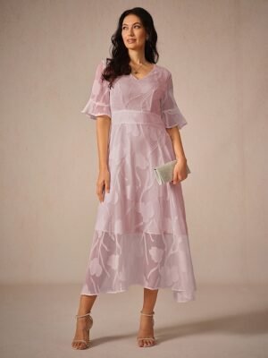 Elegant Regular Fit Solid V Neck Flutter Sleeve Maxi Dress - Image 34