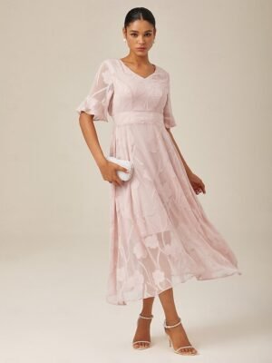 Elegant Regular Fit Solid V Neck Flutter Sleeve Maxi Dress - Image 41