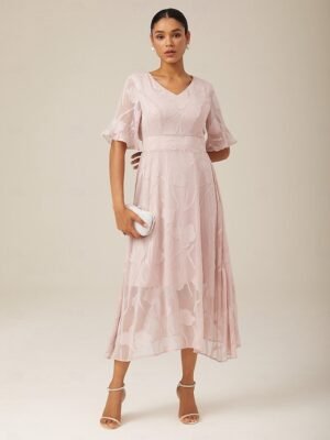 Elegant Regular Fit Solid V Neck Flutter Sleeve Maxi Dress - Image 44