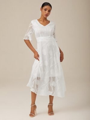 Elegant Regular Fit Solid V Neck Flutter Sleeve Maxi Dress - Image 47