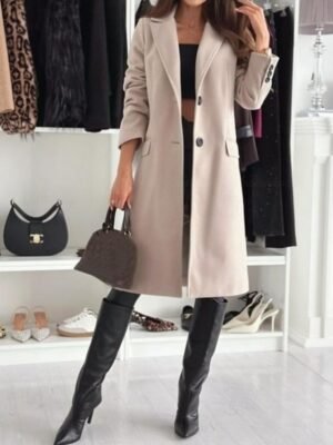Elegant Regular Fit Solid V Neck Long Sleeve Winter Coat - Image 1