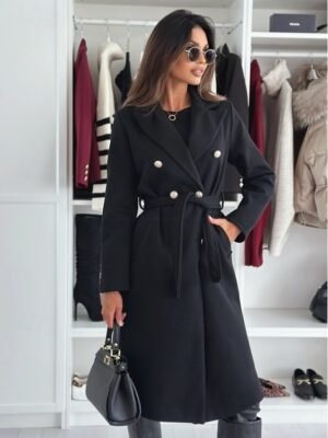 Elegant Regular Fit Solid V Neck Long Sleeve Double Breasted Coat - Image 1