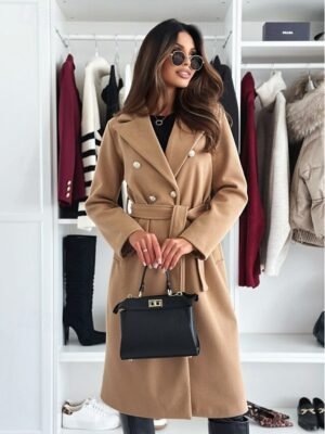 Elegant Regular Fit Solid V Neck Long Sleeve Double Breasted Coat - Image 3