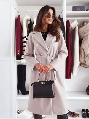 Elegant Regular Fit Solid V Neck Long Sleeve Double Breasted Coat - Image 7