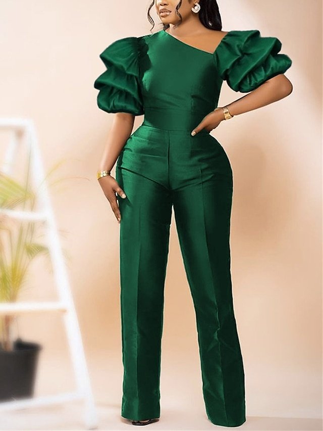 Elegant Regular Fit Solid V Neck Puff Sleeve High Waist Jumpsuit - Image 1