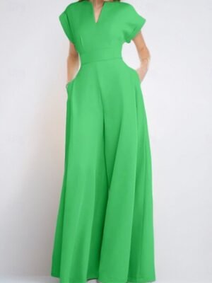 Elegant Regular Fit Solid V Neck Short Sleeve High Waist Jumpsuit - Image 1