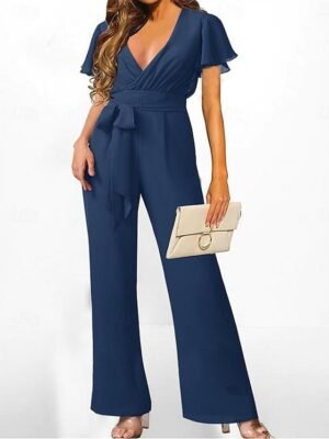 Elegant Regular Fit Solid V Neck Short Sleeve Jumpsuit - Image 1