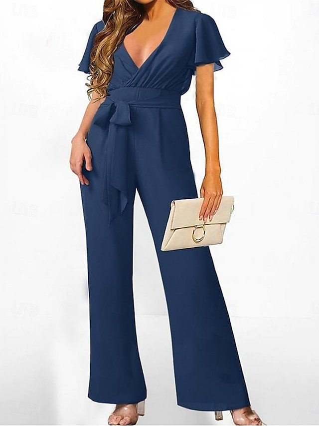 Elegant Regular Fit Solid V Neck Short Sleeve Jumpsuit - Image 1