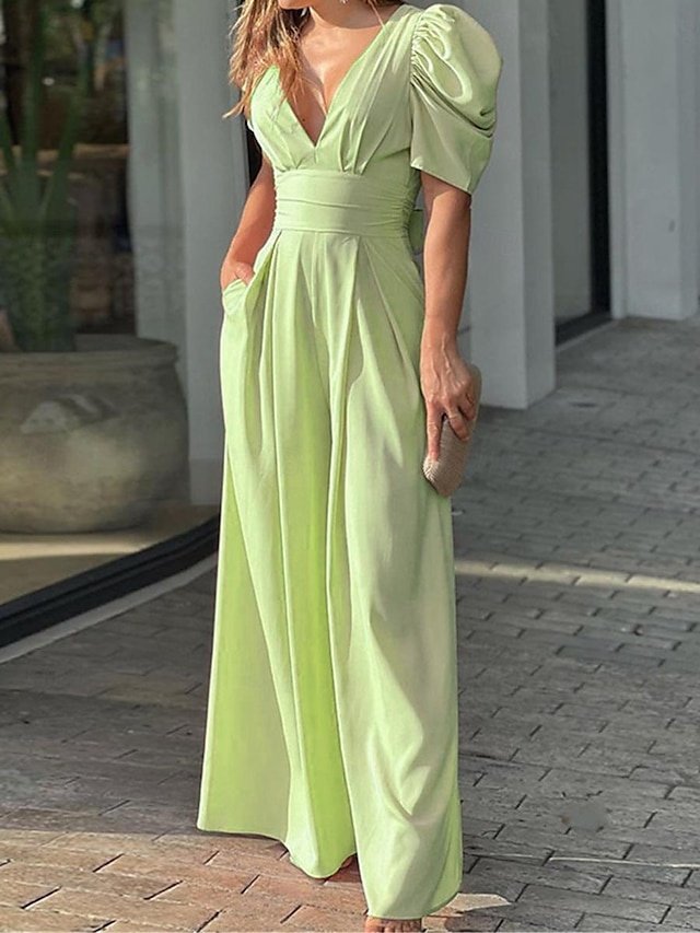 Elegant Regular Fit Solid V Neck Short Sleeve Backless Jumpsuit - Image 2