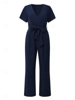 Elegant Regular Fit Solid V Neck Short Sleeve Jumpsuit - Image 2