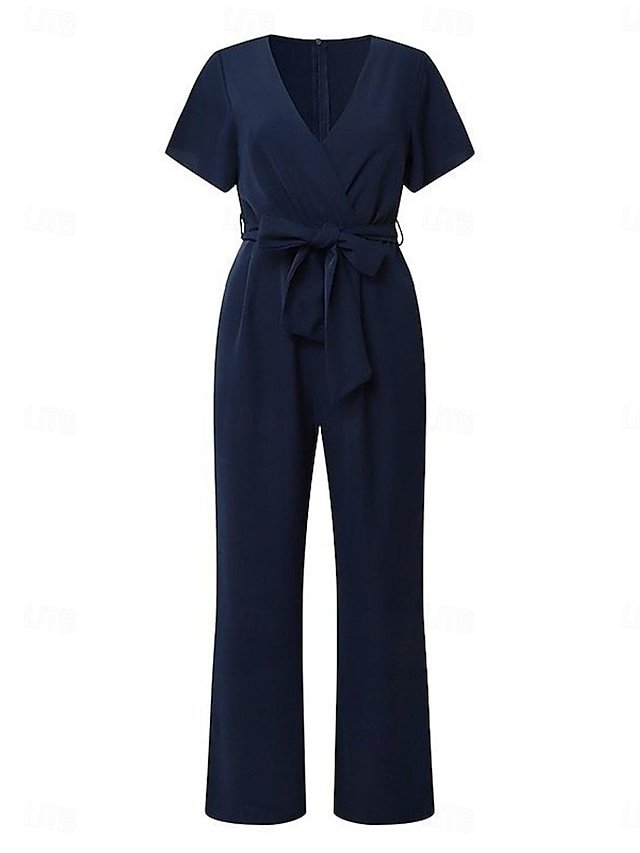 Elegant Regular Fit Solid V Neck Short Sleeve Jumpsuit - Image 2