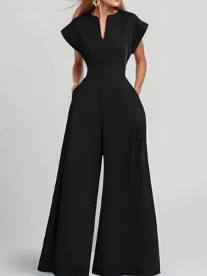 Elegant Regular Fit Solid V Neck Short Sleeve High Waist Jumpsuit - Image 2